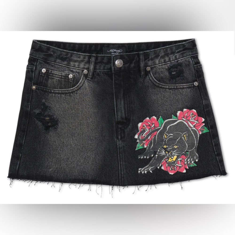 Ed Hardy Panther Rose Black Denim Mini Skirt Size Large